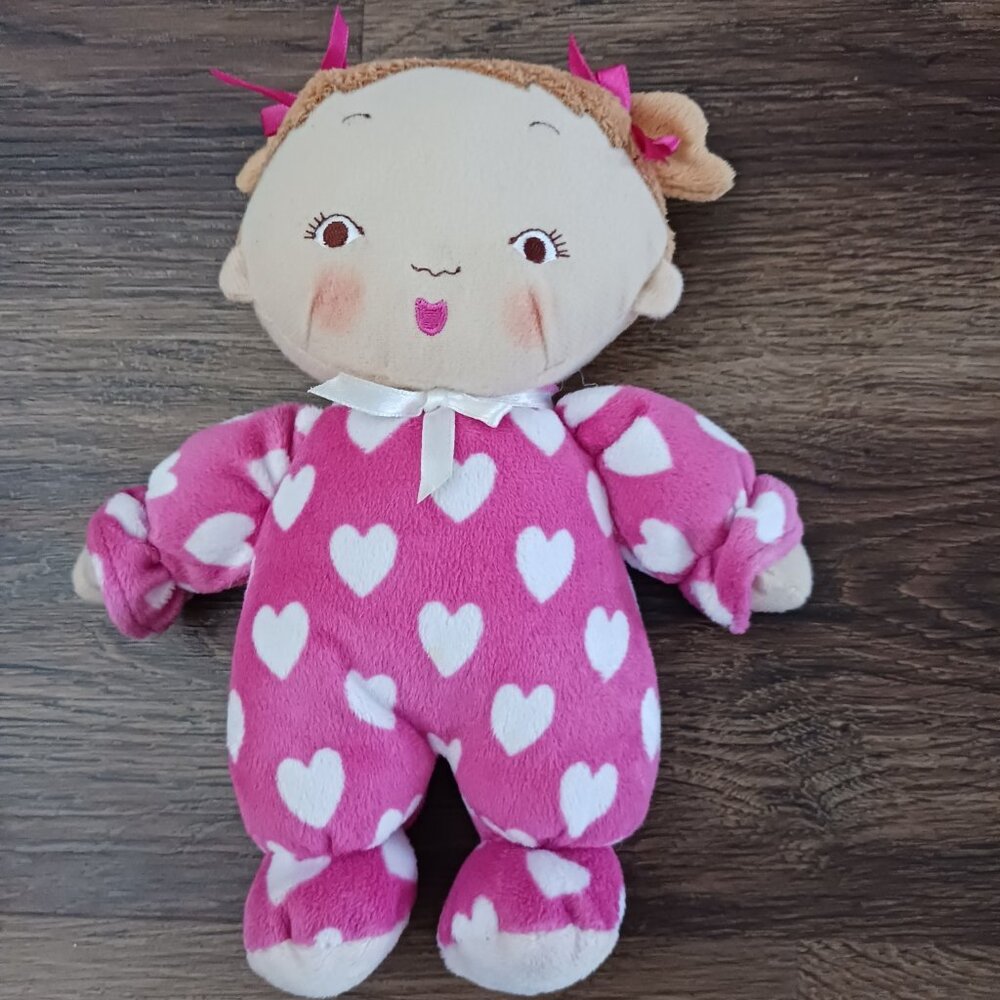 Karen Katz Baby Girl Pink Hearts Plush Doll Rattle 8" Animal Adventure